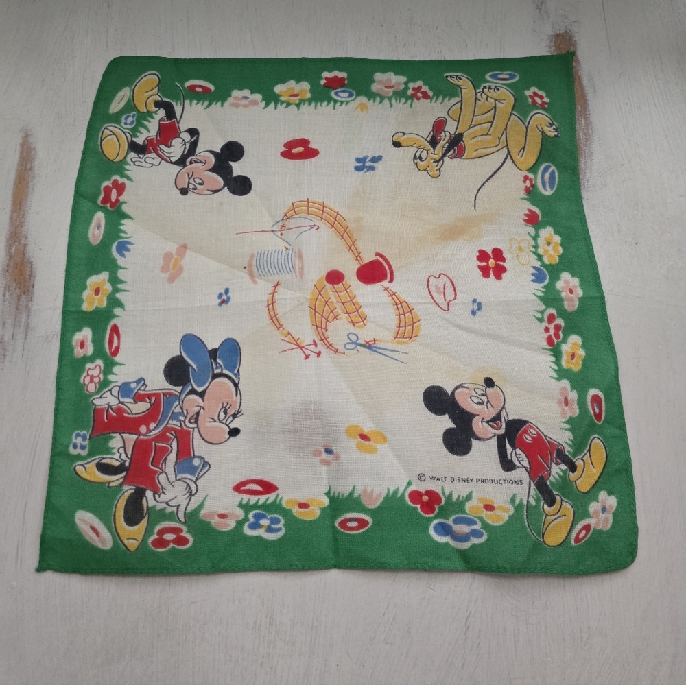 Vintage Disney Mickey Mouse Green and Red Handkerchief